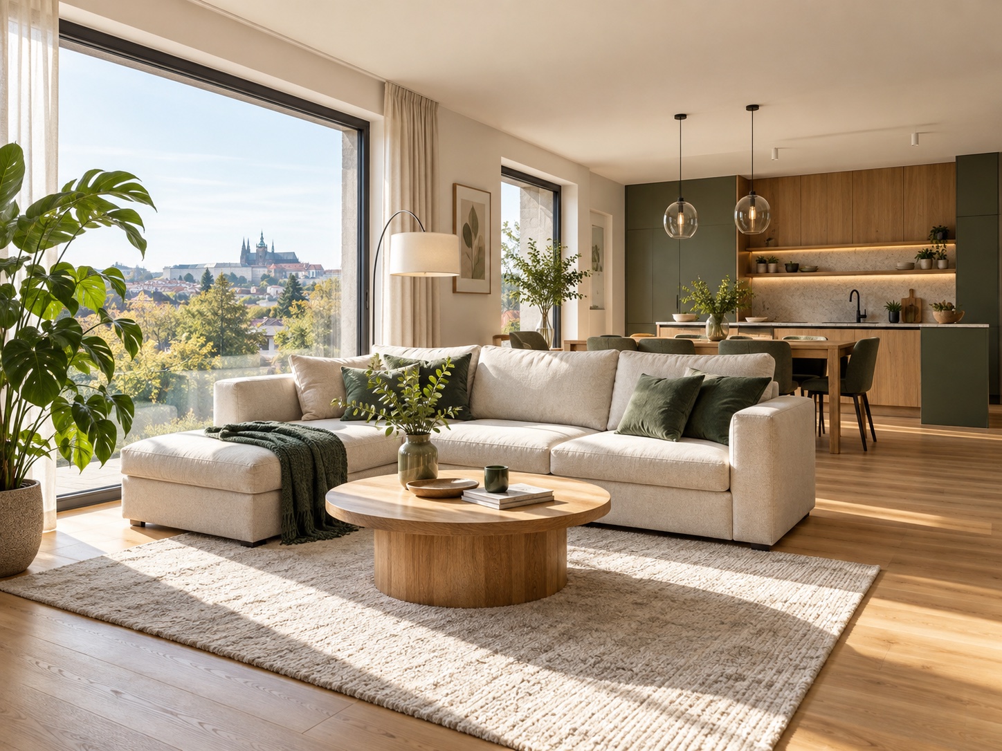 Světlý uklizený obývací pokoj s přírodními materiály